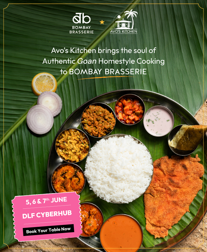 Avo's Kitchen at Bombay Brasserie CyberHub Gurugram featuring an authentic Goan thali with fish fry, prawn curry, sol kadi, rice and traditional coastal dishes. Limited-time Goa food pop-up from Assagao, Goa from 5–7 June 2026.